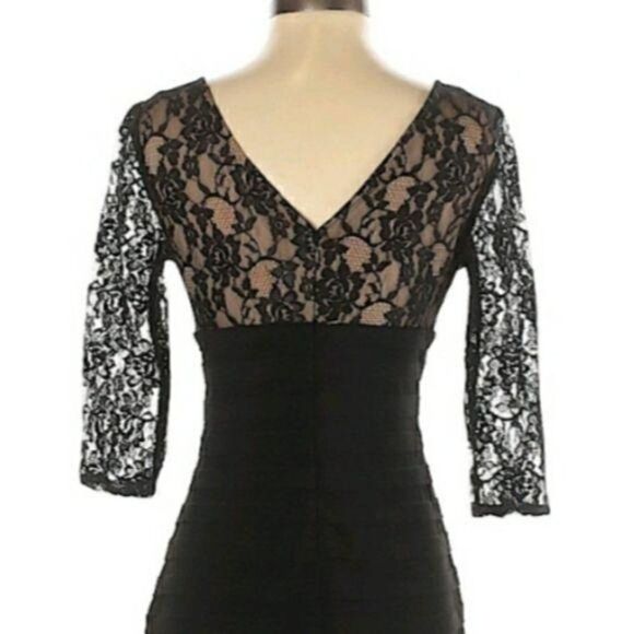 Adrianna Papell Lace Illusion V-neck 3/4 Sleeve Bodycon Dress Black‎ Sz 4P - Picture 8 of 13